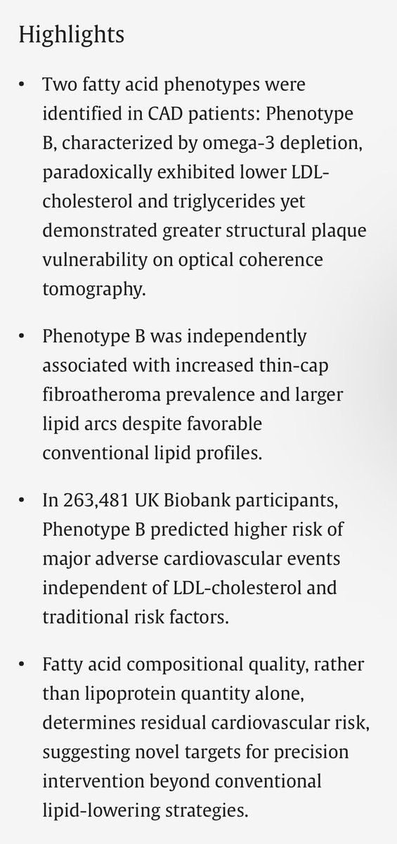 MEATritionCom's tweet photo. A latent fatty acid phenotype defined by omega-3 depletion and elevated omega-6/omega-3 ratio was associated with structural plaque vulnerability despite favorable atherogenic lipoprotein levels. 

@TuckerGoodrich @SBakerMD #seedoils #ldlc https://t.co/7cJ5zNsiUo