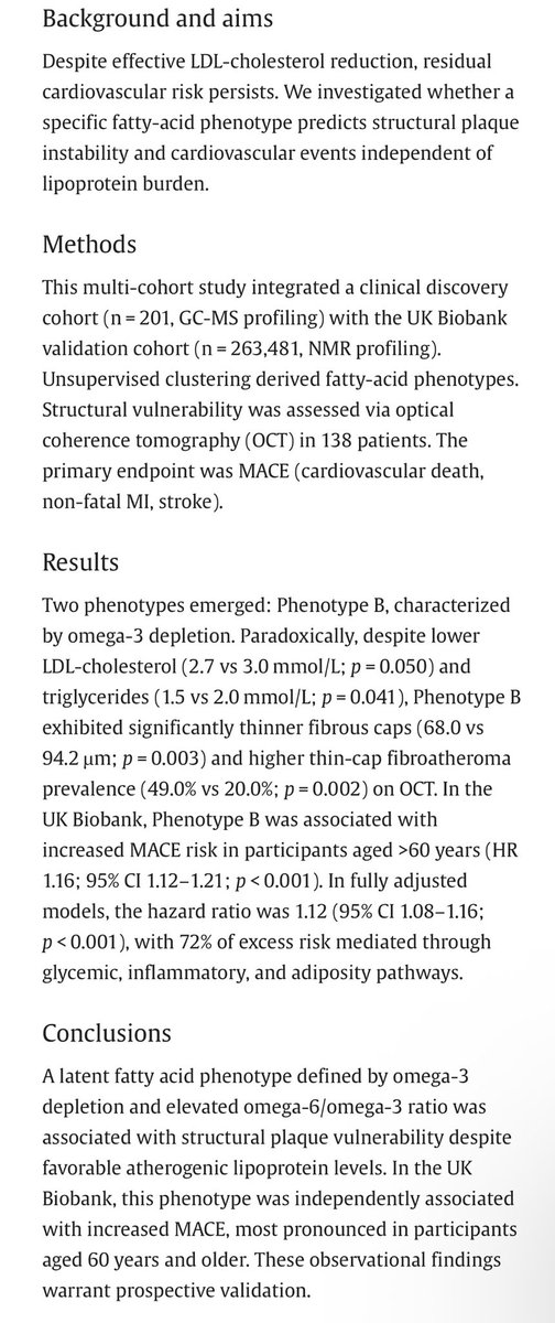 MEATritionCom's tweet photo. A latent fatty acid phenotype defined by omega-3 depletion and elevated omega-6/omega-3 ratio was associated with structural plaque vulnerability despite favorable atherogenic lipoprotein levels. 

@TuckerGoodrich @SBakerMD #seedoils #ldlc https://t.co/7cJ5zNsiUo