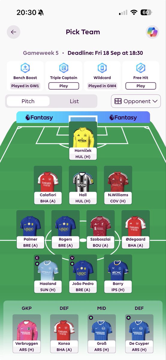 FPLTylerDurden's tweet photo. @PlanetFPLPod I have 3 free transfers and would like to attack the Coventry fixture with MGW. Would you jump off triple Chelsea and take out Roger’s or the lacklustre Liverpool attack and remove szobo? Or just leave it? First transfer of the season, played BB and WC. 22k in the world https://t.co/c16elvY6cN