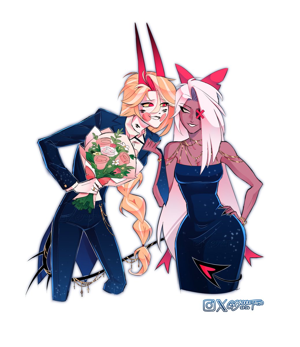 BrookeTaiyo's tweet photo. been a minute since ive put them in matching outfits hehe 💐💖🌌 
.
.
#chaggie #hazbinhotel https://t.co/UwtTpnAol0
