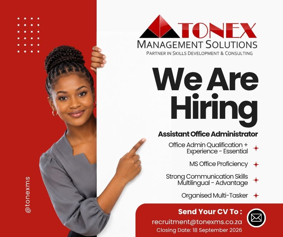 CarolBoitumelo1's tweet photo. We're hiring: Assistant Office Administrator

 📍 Driehoek, Germiston | Full-time, on-site

You need:
 Office Admin qualification + experience
 SETA/QCTO knowledge
 MS Office
 Strong comms &amp; organisation

Email your CV to recruitment@tonexms.co.za by 18 Sept 2026 https://t.co/DDPx8fwuuR