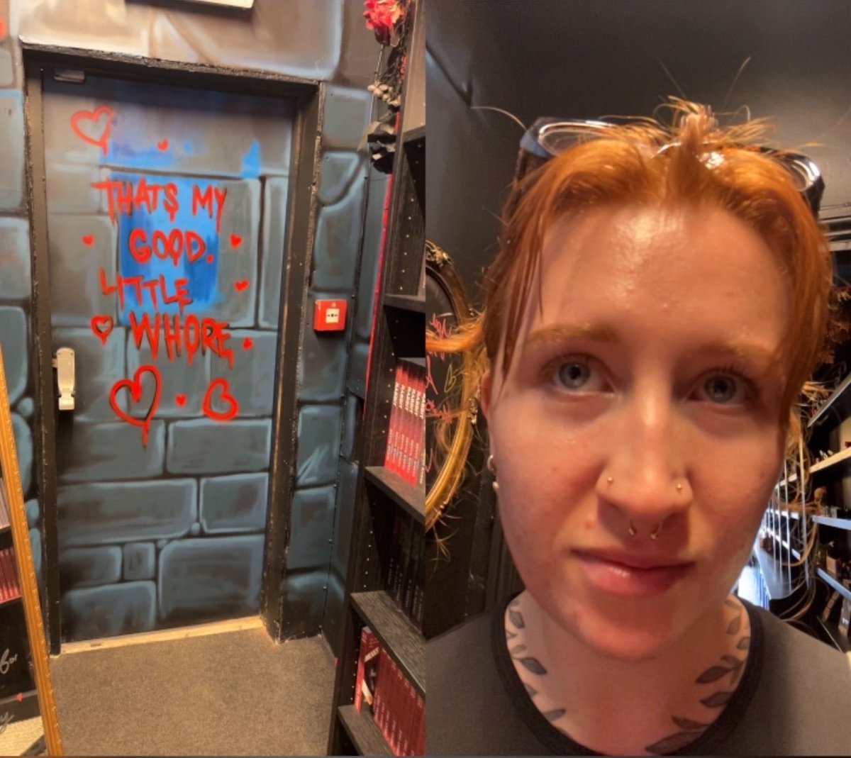 roo_richardson's tweet photo. Went to a dark romance(?) bookshop today and I’m so sorry but maybe I am a judgemental bitch. The walls all said like ‘daddy’s good little bitch’ etc. There was a knife that said ‘ride me’ for sale. I think it’s cringe and I can’t continue pretending I don’t https://t.co/dZ94cIJrMR
