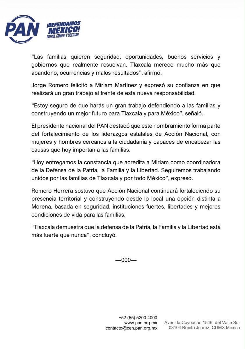AccionNacional's tweet photo. PAN nombra a @Dip_MiriamMar Coordinadora de la Defensa de la Patria, la Familia y la Libertad en Tlaxcala.

#Boletín 🗞️ https://t.co/RNe1SUht1B