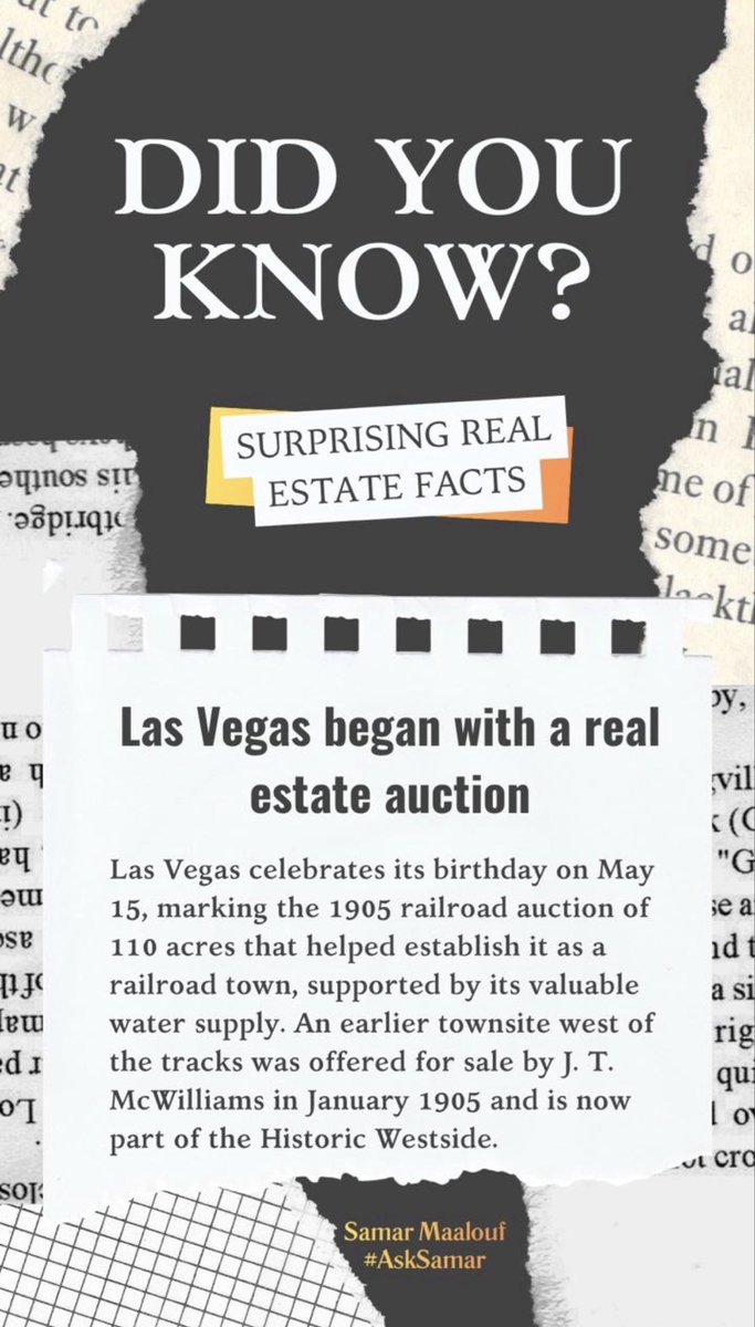 samarnv's tweet photo. 🎲 ONE UNEXPECTED FACT! 
Did you know Las Vegas began with a real estate auction?
Follow for more surprising real estate history!
Samar Maalouf
#AskSamar | Your Real Estate Matchmaker
C21Americana BS0144322
#LasVegasHistory #LasVegasRealEstate #RealEstate #DidYouKnow #VegasFacts https://t.co/HcmsgFx7l8