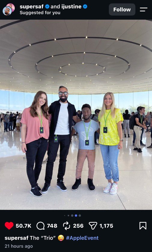 TheApplePixels's tweet photo. Apple events really bring the tech world together. 🔥

@SuperSaf + @ijustine + @MKBHD 

And wait… is Marques actually 6’3”?! 👀

#AppleEvent #Apple #MKBHD #Tech #iphone #iphoneduo https://t.co/F7POYAhP63