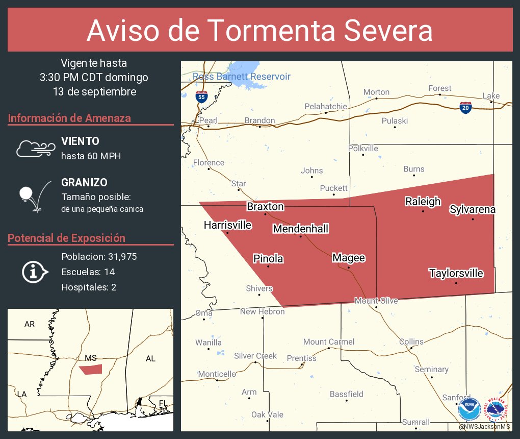 Este gráfico muestra la localización en el mapa de un aviso de tormenta severa. El aviso estará en efecto hasta las 3:30 PM CDT. El aviso incluye a Magee MS, Mendenhall MS, Raleigh MS. El aviso incluye el sureste del condado de Rankin en el centro de Mississippi, el condado de Simpson en el centro de Mississippi y el condado de Smith en el centro de Mississippi. Las amenazas asociadas a este aviso son: ráfagas de viento de 60 MPH y granizo del tamaño de una pequeña canica. Hay 31,975 personas bajo este aviso incluyendo 14 escuelas y 2 hospitales.