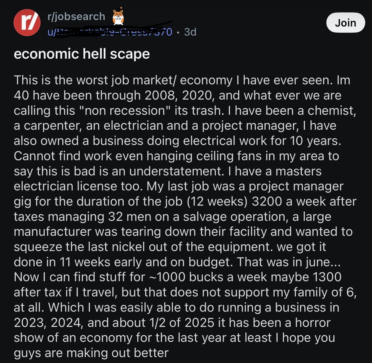 financedystop's tweet photo. A master electrician who owned his own business for 10 years and recently managed a 32-man project says he now can’t even find consistent work hanging ceiling fans. https://t.co/0p0BgmBsgb