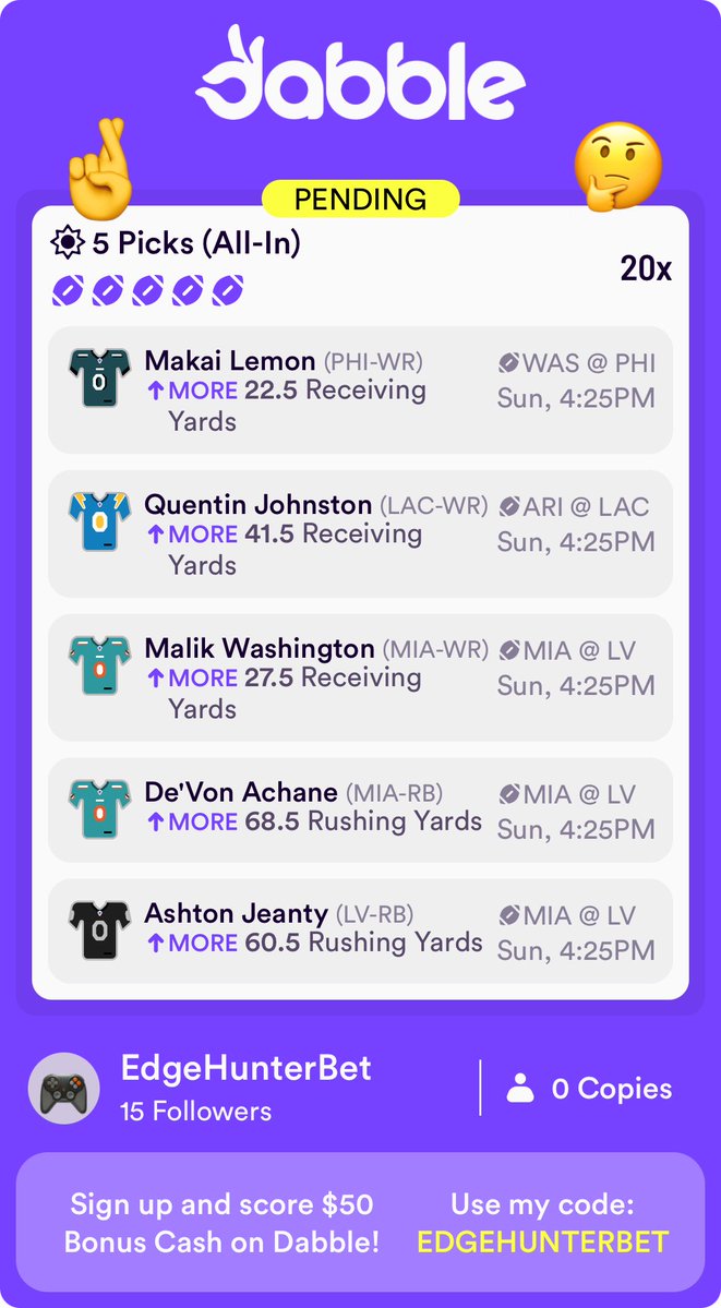 EdgeHunterBet's tweet photo. NFL week 1 20x on @DabbleFantasy use my code EDGEHUNTERBET to Sign up and Play $5 and get $50 free!! #NFL #Parlay https://t.co/GfwY061xCU