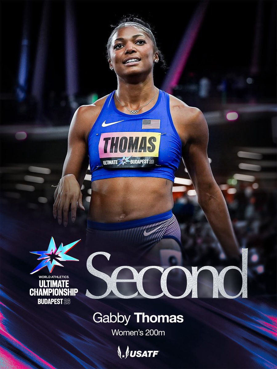 usatf's tweet photo. Another big-time finish for Gabby Thomas 🫡👏

Thomas clocks 21.77 to take second in the women’s 200m at World Ultimate, helping the U.S. secure a 1-2-3-6-7 finish. 🇺🇸🔥

#TeamUSATF | @WAultimateChamp https://t.co/MVCnFAbntz