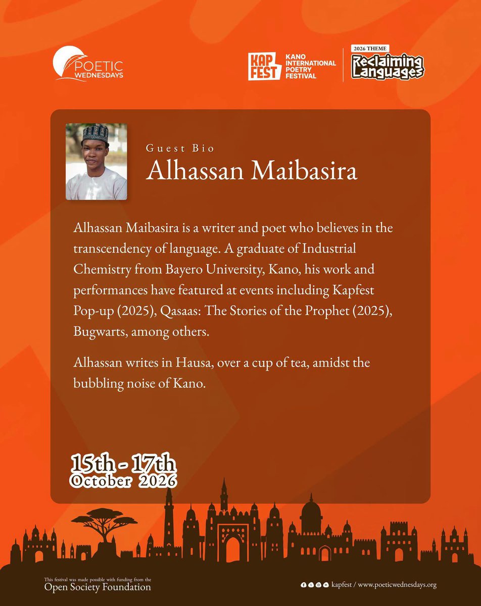 Kanopoetryfest's tweet photo. We are happy to welcome the Hausa poet Ahassan Maibasira to KAPFEST this year!

We guarantee you, there’s nothing quite as calming as the soothing rhythm of Maibasira’s poetry. Come experience his performance live at #KAPFEST26.

Get your tickets and join us in Kano: https://t.co/kB30EElI7m 

15–17 October 2026 | Kano