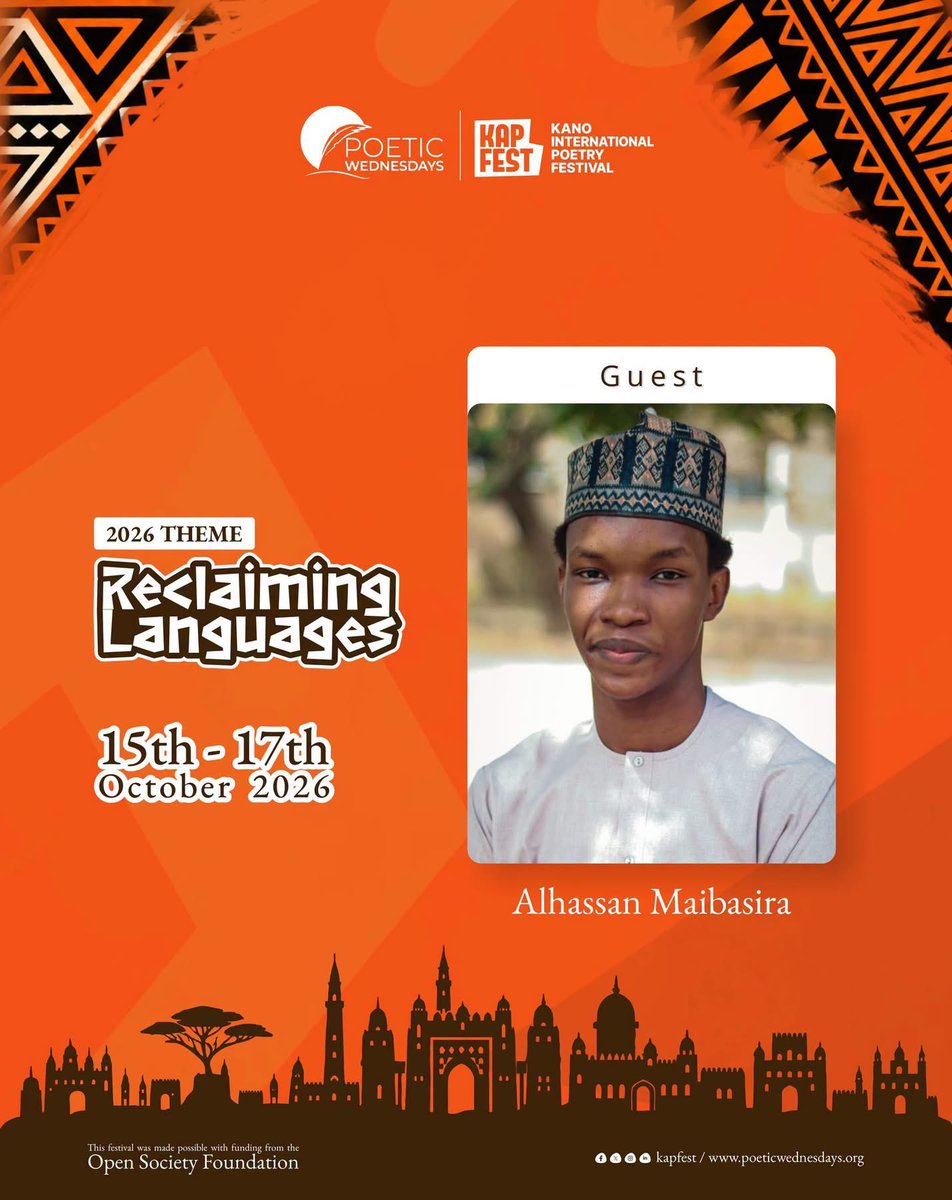 Kanopoetryfest's tweet photo. We are happy to welcome the Hausa poet Ahassan Maibasira to KAPFEST this year!

We guarantee you, there’s nothing quite as calming as the soothing rhythm of Maibasira’s poetry. Come experience his performance live at #KAPFEST26.

Get your tickets and join us in Kano: https://t.co/kB30EElI7m 

15–17 October 2026 | Kano