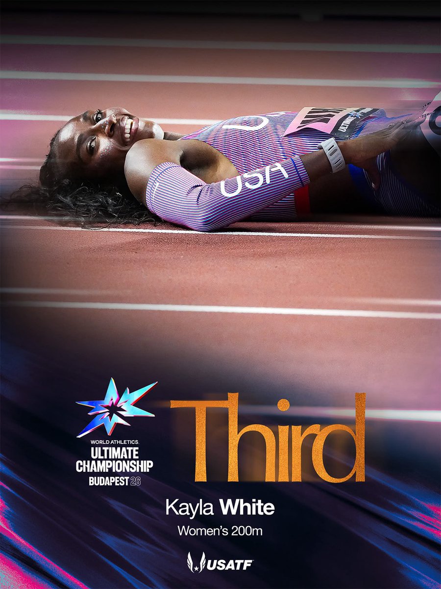 usatf's tweet photo. Kayla White brings it home in 21.93 😤👏

White takes third in the women’s 200m at World Ultimate, completing a U.S. sweep of the top three spots. 🇺🇸🔥

#TeamUSATF | @WAultimateChamp https://t.co/VDodCGPeLz