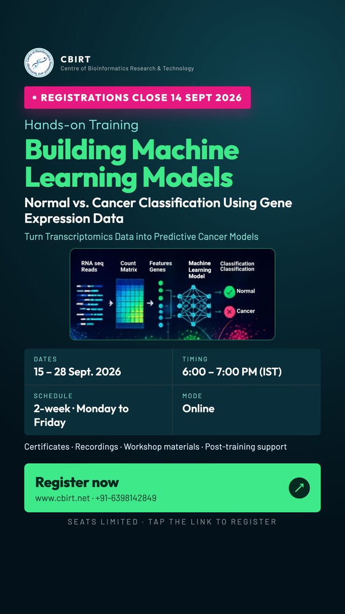 cbirtofficial's tweet photo. Build an ML model that classifies cancer vs. normal from gene expression data. 

RNA-seq → DEG → model → prediction. 
15–28 Sept, online. Reg closes 14 Sept.

🔗 https://t.co/XPD8KgQj6S 

#Bioinformatics #Ai #MachineLearning https://t.co/GFsEZelVQA