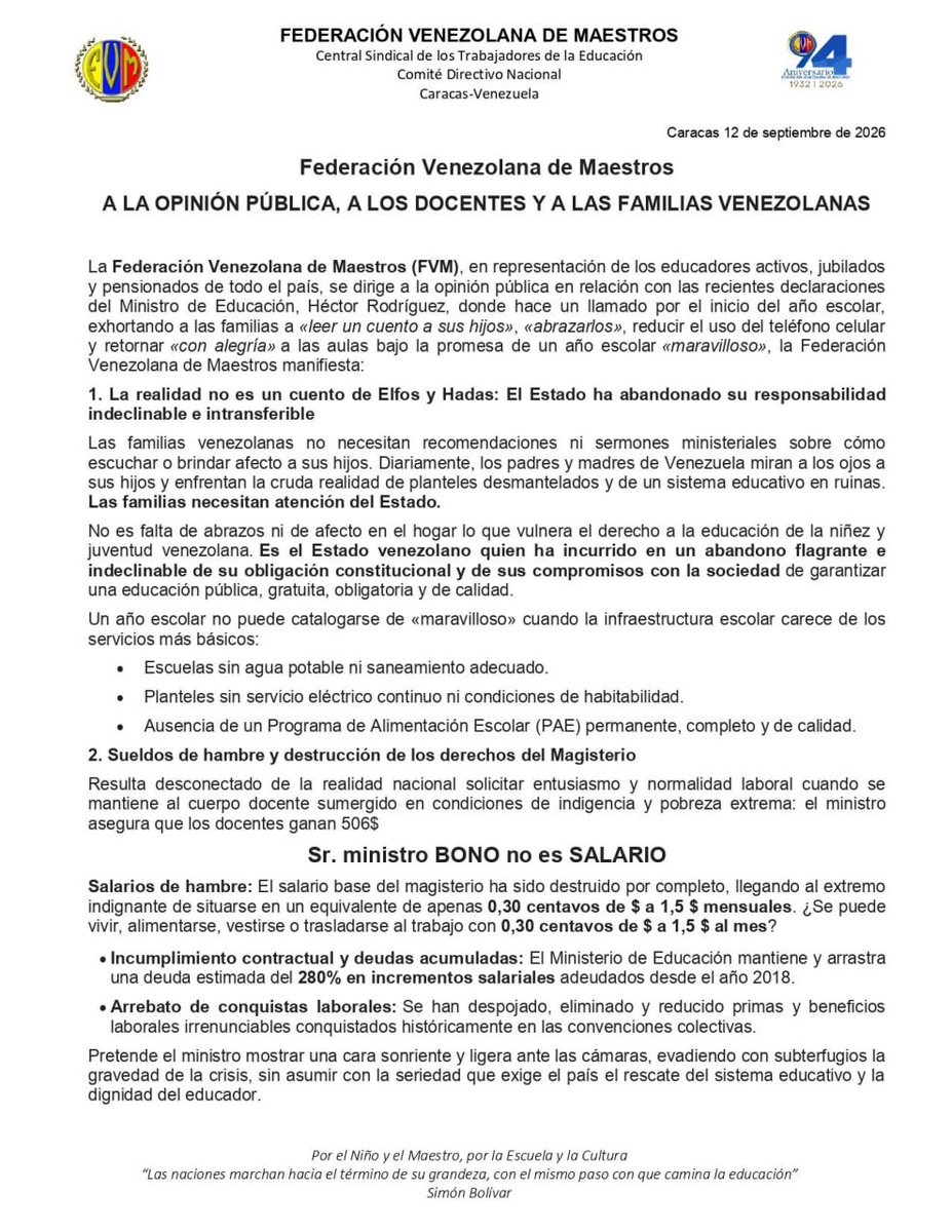 ElNacionalWeb's tweet photo. #13Sep | 🏛 La Federación Venezolana de Maestros (FVM) rechazó las declaraciones del ministro de Educación, Héctor Rodríguez, relativas a los ingresos de los docentes y condiciones de los planteles para el inicio del año escolar.

🚫 A través de un comunicado oficial difundido este sábado, la representación gremial desmintió que el personal docente perciba un promedio de 506 dólares mensuales y criticó que las autoridades responsabilicen al ámbito familiar por los problemas del sector, tras denunciar el abandono de las obligaciones estatales en materia de infraestructura y salario.

📄 El gremio sostuvo que los señalamientos ministeriales no corresponden con la situación operativa de las instituciones educativas públicas.

🔗 Lee más en: https://t.co/1yKhUzijyZ