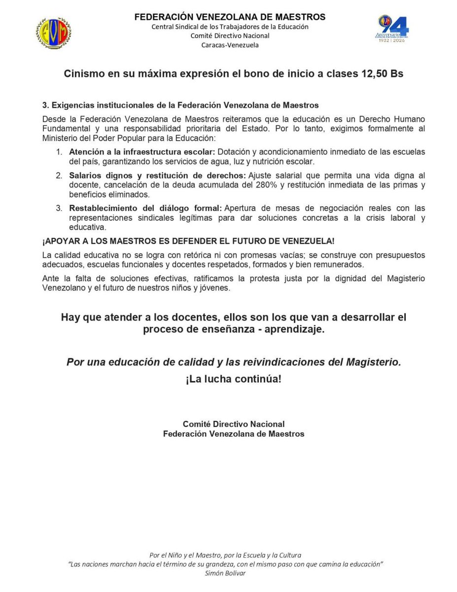 ElNacionalWeb's tweet photo. #13Sep | 🏛 La Federación Venezolana de Maestros (FVM) rechazó las declaraciones del ministro de Educación, Héctor Rodríguez, relativas a los ingresos de los docentes y condiciones de los planteles para el inicio del año escolar.

🚫 A través de un comunicado oficial difundido este sábado, la representación gremial desmintió que el personal docente perciba un promedio de 506 dólares mensuales y criticó que las autoridades responsabilicen al ámbito familiar por los problemas del sector, tras denunciar el abandono de las obligaciones estatales en materia de infraestructura y salario.

📄 El gremio sostuvo que los señalamientos ministeriales no corresponden con la situación operativa de las instituciones educativas públicas.

🔗 Lee más en: https://t.co/1yKhUzijyZ