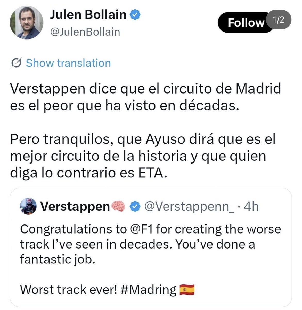 Azotarojillos's tweet photo. @JulenBollain Se te ha borrado el tweet de la cuenta falsa de Verstappen, pero tranquilo que te lo dejamos aquí para que quede patente lo tremendamente subnormal que eres https://t.co/CEpRNhCXgt