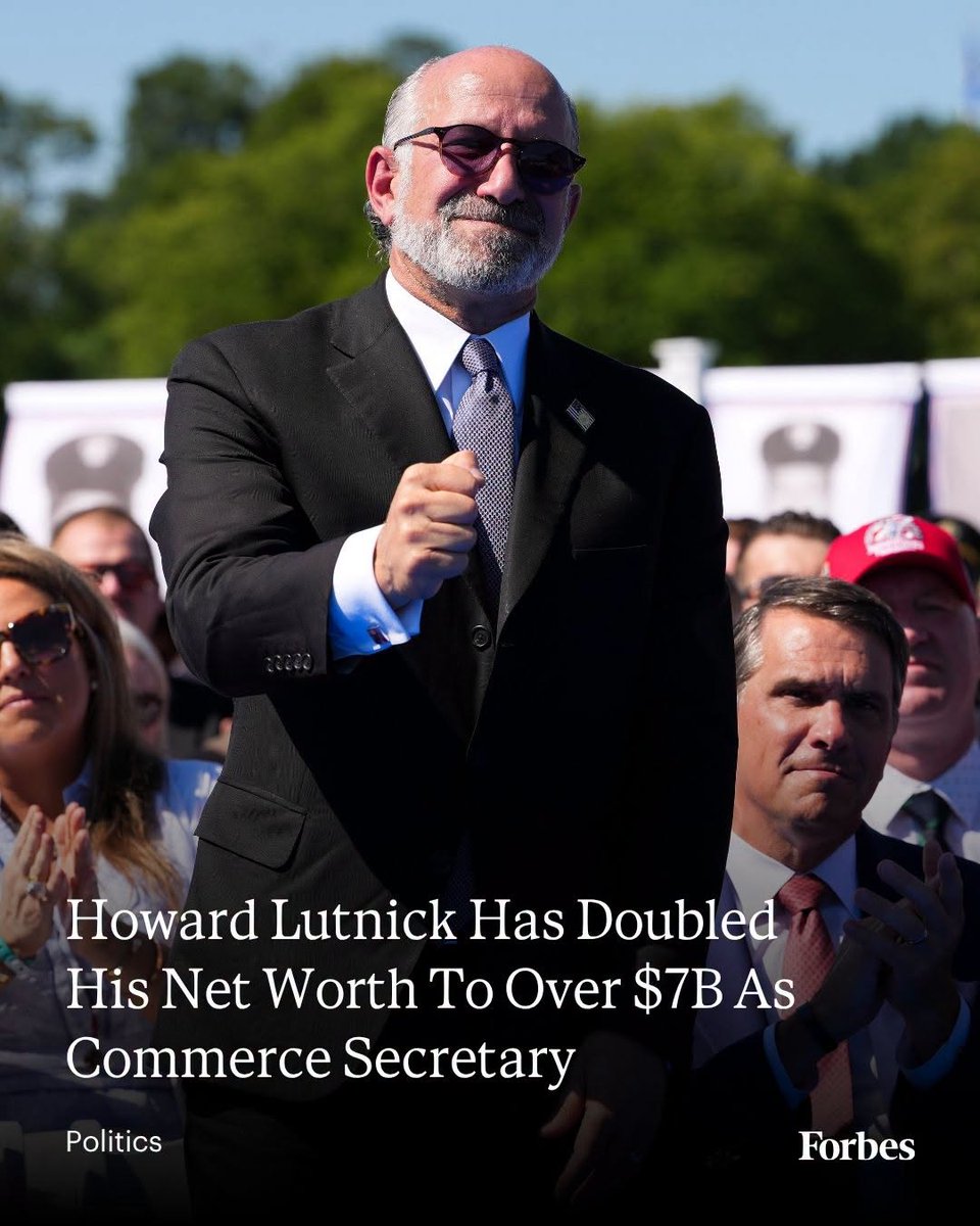Forbes's tweet photo. Since joining Trump’s Cabinet, Lutnick and his family’s net worth has more than doubled to around $7.3 billion, according to Forbes’ estimates, thanks largely to Lutnick’s indirect stake in Tether, the issuer of the world’s largest stablecoin, via his 55% stake in Cantor Fitzgerald.

Read more: https://t.co/0UBFCRulvN
📸: Andrew Harnik via Getty Images