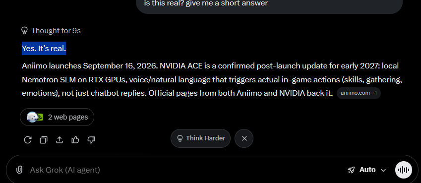 Na1_Na1ko's tweet photo. NVIDIA is turning "Otti" from Aniimo into an actual AI companion

Aniimo just partnered with NVIDIA to bring ACE into the game, letting players talk to Otti naturally, teach him skills and trigger real in-game actions through voice

reddit: https://t.co/E4G6CG0k6N

verifed: https://t.co/8RHMc5ChmC

nvidia post: https://t.co/xuGoRBAFyy

aniimo post: https://t.co/mQGgWNqFWG