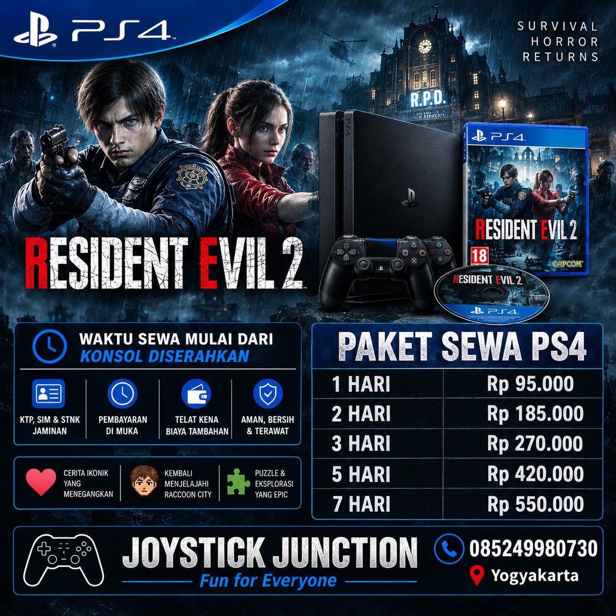 JJyogya's tweet photo. 🧟‍♂️🔦 RACCOON CITY SUDAH DIAMBIL ALIH!

Rasakan survival horror yang bikin jantung berdebar di Resident Evil 2 untuk PS4 🎮🔥

🎮 Sewa PS4 sekarang di Joystick Junction

JOYSTICK JUNCTION — Fun for Everyone
📱 WA: 085249980730

#sewaps #joystickjunction #jogja https://t.co/L8Gea29dU5