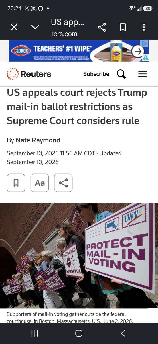 MrSpiritsRaven's tweet photo. BOSTON, Sept 10 (Reuters) - A U.S. Appeals Court on Thursday DECLINED โto ALLOW #PedophileTrumps Administration to Implement a New #USPostalService rule that would tighten mail-in voting requirements before November's congressional โelections, as the U.S. Supreme Court weighs a similar request.
A three-judge panel of the Boston-based 1st U.S. Circuit Court of Appeals declined, opens new tab to put on hold an injunction that a lower-court judge issued last week that has prevented USPS from enforcing the new rule it adopted at the Republican president's direction.