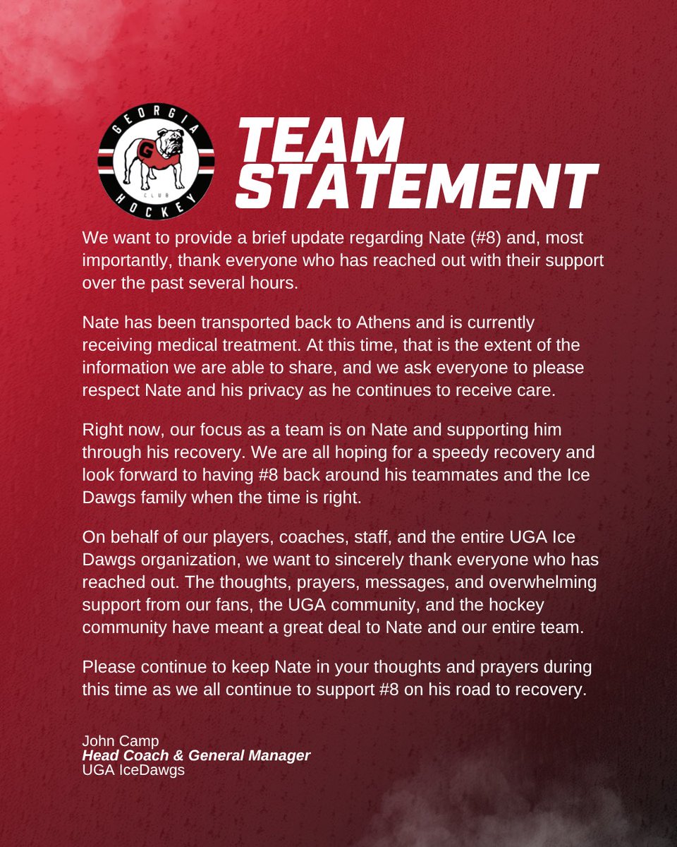 CampyCoach's tweet photo. Thank you @CockHockey  players, coaches and your fans for the prayers and support you have provided Nate. 
Thank you to your trainer and the Richland County EMT’s for their care of Nate. 
We are all pulling for Nate to have a speedy recovery.  @UGAHockey @ACHAHockey https://t.co/GifdBJo5YP