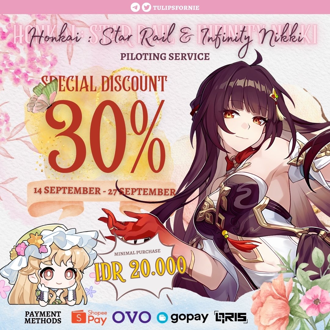 tulipsfornie's tweet photo. ˚₊‧  ꒰ any interaction are appreciated  ♡ ꒱ 

⊹ @tulipsfornie september 30% discount service for all content Honkai Star Rail [HSR] and Infinity Nikki !  ⤿˚ 💐 

do make sure to read all tnc &amp; details on ALT &amp; reply first yaa, thankies !  ꒰ contact below ꒱ 🌷 https://t.co/Zny96gFltp