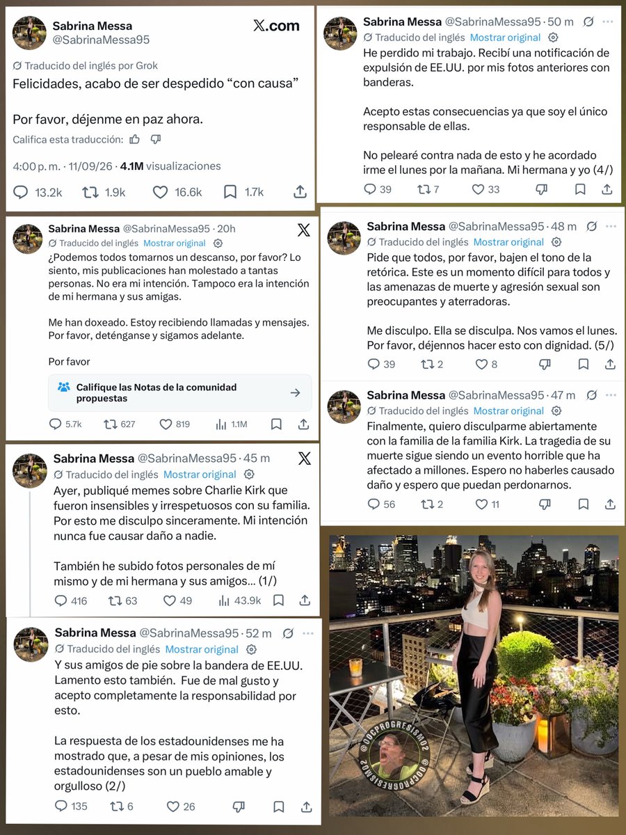 OOCprogresismo2's tweet photo. 🇺🇸🇨🇦 Sabrina Messa, una izquierdista canadiense con visa de trabajo en Estados Unidos, es despedida de su trabajo y deportada del país por burlarse del аs∉siиаtо de Charlie Kirk y del atentado yihadista del 9/11 contra las Torres Gemelas. https://t.co/5rqV54DqRu