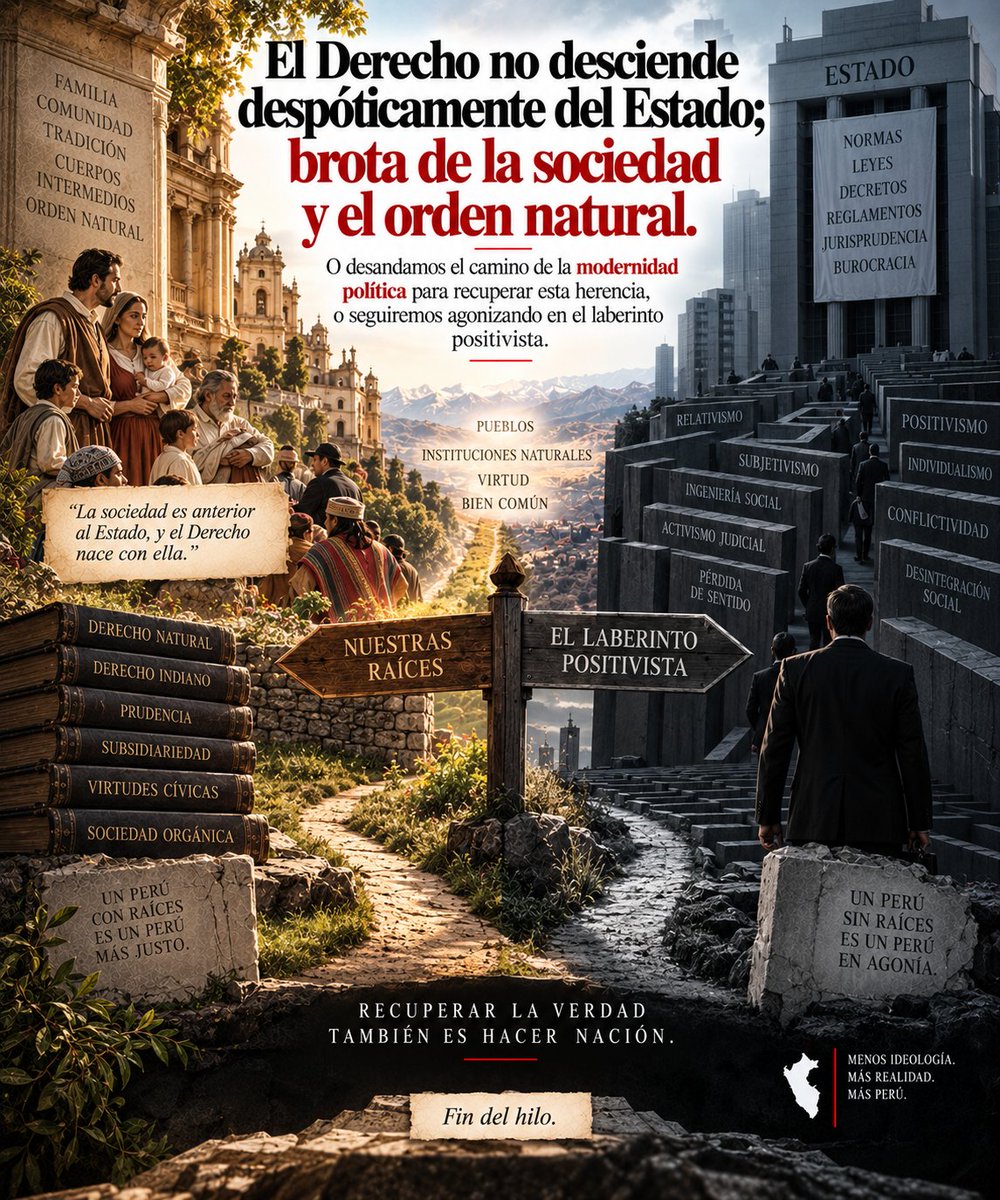 JMTruxillo's tweet photo. 10/10 ➟ El Derecho no desciende despóticamente del Estado; brota de la sociedad y el orden natural. O desandamos el camino de la modernidad política para recuperar nuestra herencia, o seguiremos agonizando en el laberinto positivista. Fin del hilo. ⚖️ @H_Abanto @MarthaChavezC https://t.co/uoRvNeVIrB