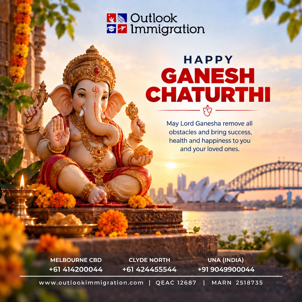 OutlookImmi's tweet photo. 🪔✨ HAPPY GANESH CHATURTHI FROM OUTLOOK IMMIGRATION! ✨🪔

#GaneshChaturthi #HappyGaneshChaturthi #GanpatiBappaMorya #LordGanesha #GaneshChaturthi2026 #GanpatiFestival #GaneshFestival #NewBeginnings #Blessings #IndianFestival #IndianCommunityAustralia #IndiansInAustralia https://t.co/WyaC4CxJpA