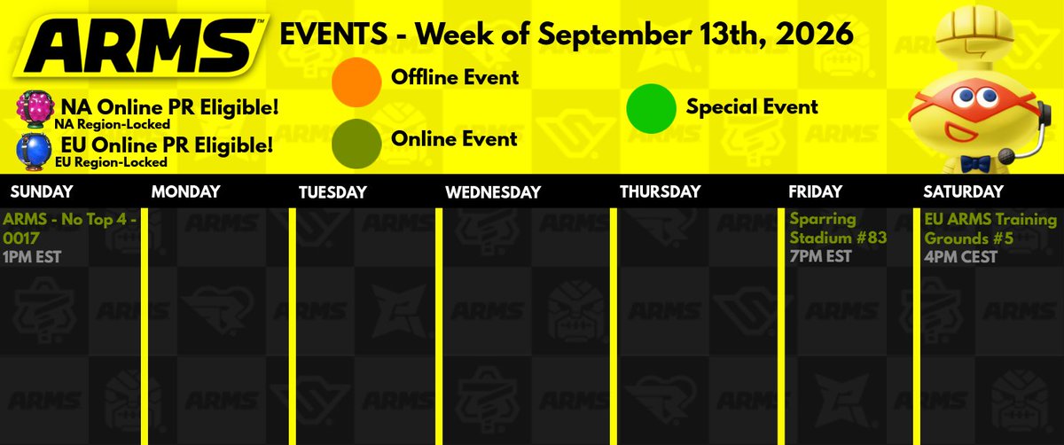 ARMSCentral's tweet photo. Here are this week's #ARMS events!
These are run by KAMIGENO, @T3kn0path1c and @European_ARMS.
Check out our Discord for more information.
π₯ #ARMSNICE #NintendoARMS π₯ https://t.co/J0JyRkyFGB