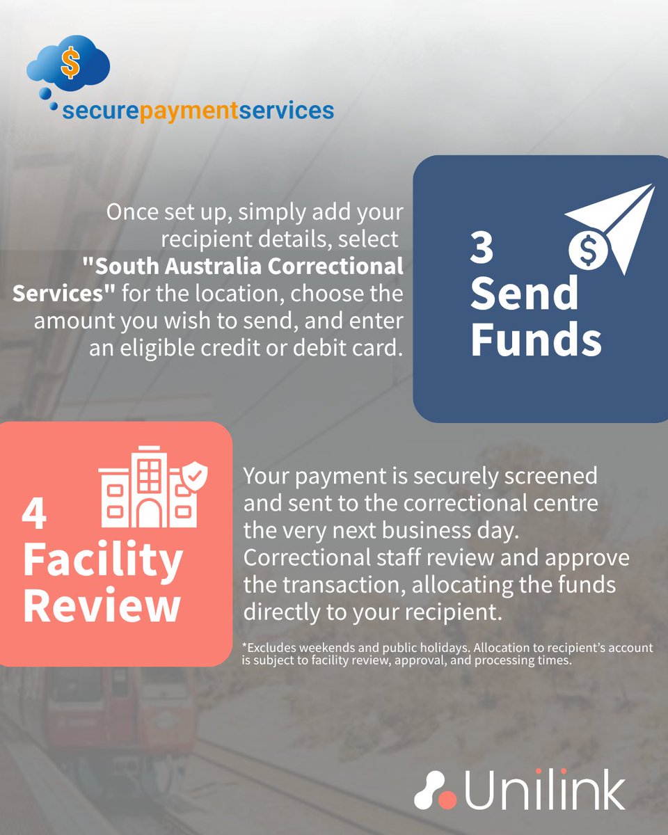 Unilinksupport's tweet photo. Swipe through to see how to send funds to a loved one in South Australian correctional facilities in 4 easy steps. 📱

https://t.co/nGP8yNOkbS

#SecurePaymentServices #PrisonSupport #PrisonWives #PrisonFamilies https://t.co/x5FCgWUKLd