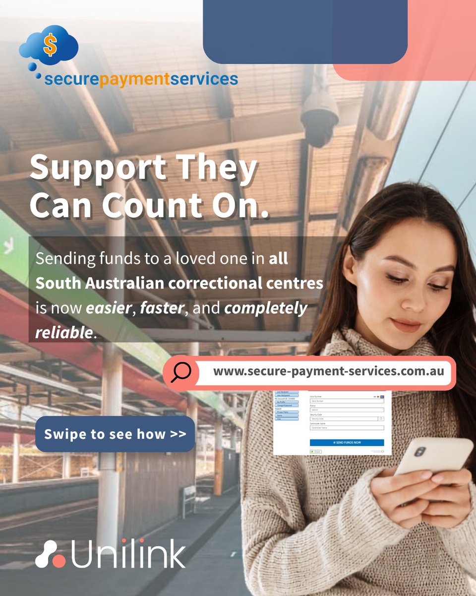 Unilinksupport's tweet photo. Swipe through to see how to send funds to a loved one in South Australian correctional facilities in 4 easy steps. 📱

https://t.co/nGP8yNOkbS

#SecurePaymentServices #PrisonSupport #PrisonWives #PrisonFamilies https://t.co/x5FCgWUKLd