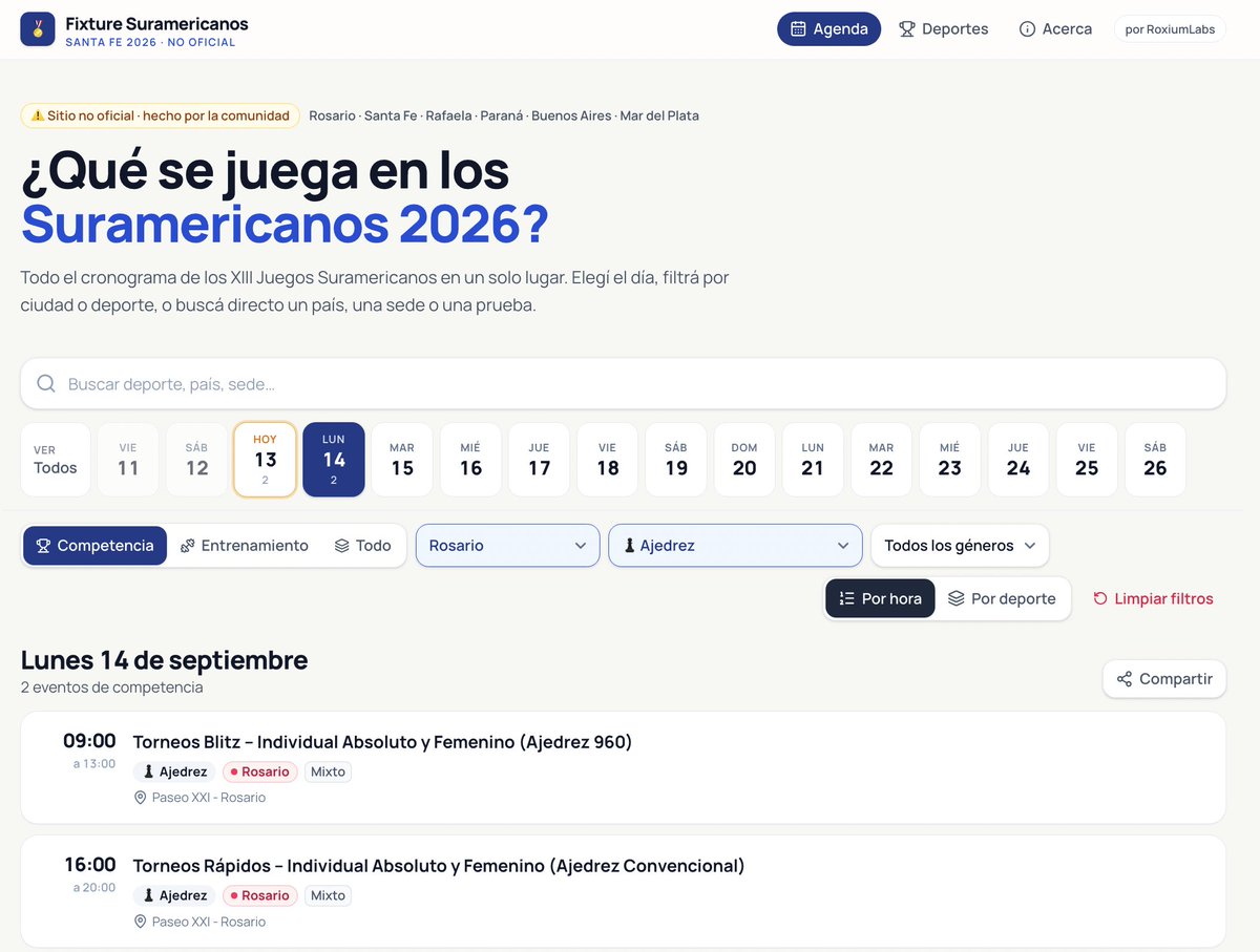 MateoEmilio1's tweet photo. + sumo esto 

En la web oficial no se puede filtrar por localidad. Para encontrar una actividad tenés que entrar al día, buscar la disciplina y recién ahí ver el cronograma.

A la tarde volví al parque y pude hablar con gente de la organización y me facilitaron los Excel con todos los cronogramas. (gracias!!)

Con esa data armé una web con filtros por localidad, disciplina y horario, para que quienes no participamos de los Juegos podamos encontrar mucho más fácil qué actividades queremos ir a ver. 

Además, sumé Ajedrez y Billar, que hoy no tienen info cargada en la web.

Acá está el link:  https://t.co/rVNJg5D2C5