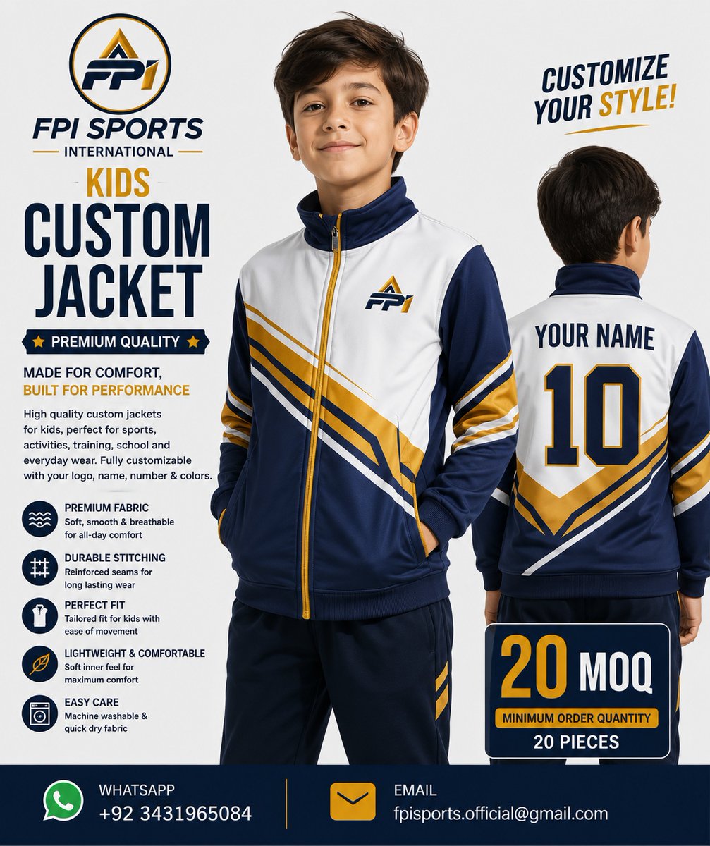 MoseVance55301's tweet photo. Custom kids’ sports jackets and tracksuits built for comfort, durability, and team identity. Add your logo, player names, numbers, and colors. Low MOQ: 20 pieces. DM us to start your design. https://t.co/FXEu5SIbz4