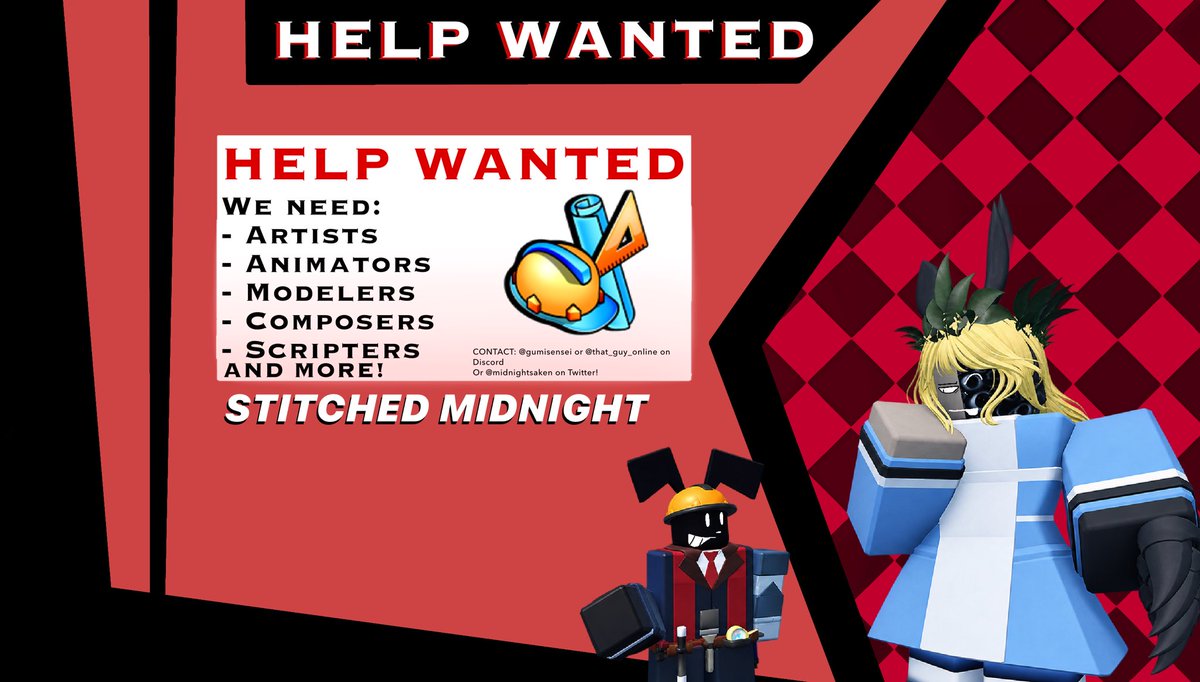 StitchdMidnight's tweet photo. “The rabbit told me to hire some more people...”

Stitched Midnight is now hiring! If you're interested in helping and working on this small #asym please contact us!

#roblox https://t.co/2yCudfTJ14