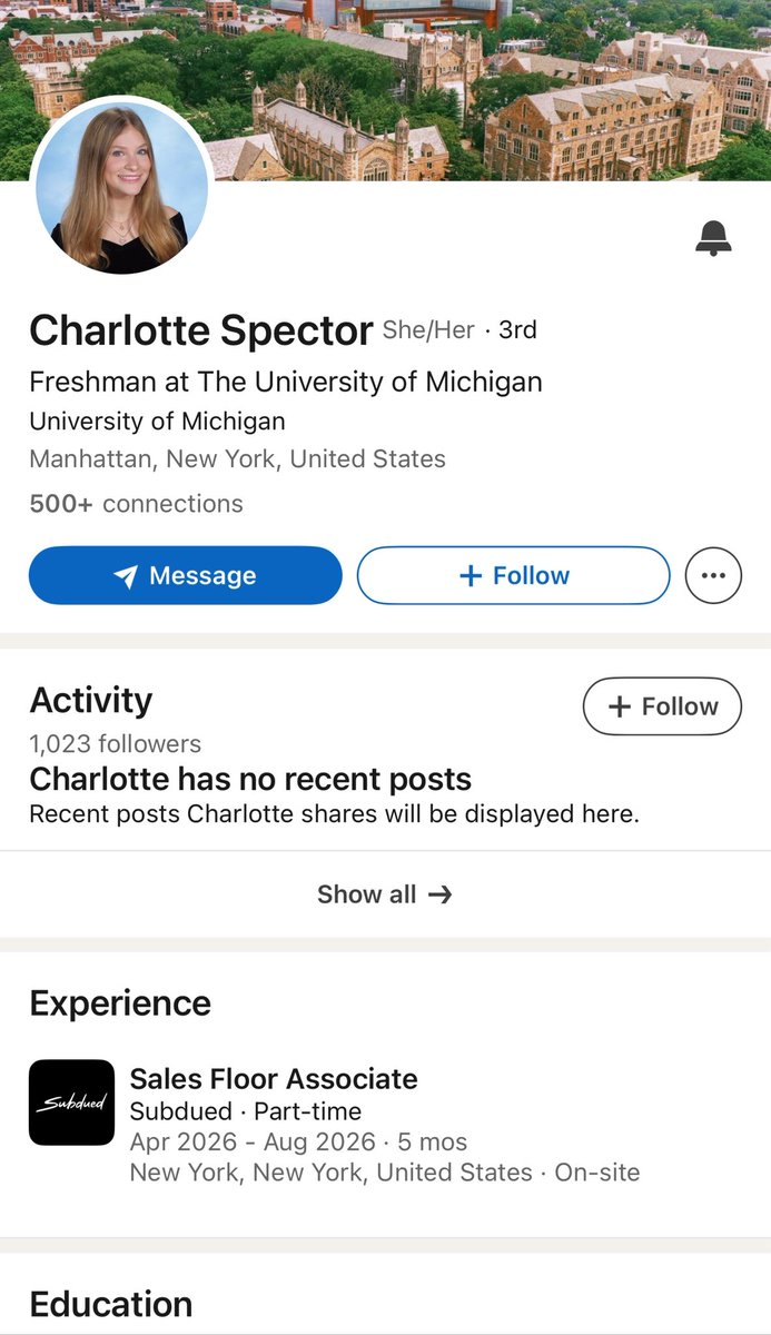lanebrown_3's tweet photo. Meet Charlotte Spector. She is a student at the University of Michigan and a part-time employee at @SubduedOfficial. 

She was the one that posted the TikTok celebrating the death of Charlie Kirk. 

.@UMich the time for silence is over. 

You can contact her employer here: 901-549-0525