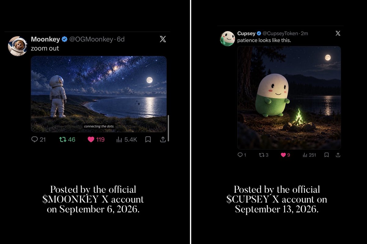 OsitoLimaX's tweet photo. NEW $MOONKEY EASTER EGG ALERT 🚨 

A new MAJOR clue strengthening the thesis that $MOONKEY was stealth launched by @a1lon9 and @Pumpfun.

Today, September 13, @CupseyToken, the official Pumpfun mascot, posted an image with:

“patience looks like this.”

Now compare that image with the official $MOONKEY post from September 6:

“zoom out.”

The visual resemblance goes far beyond simply featuring a moon.

• Nighttime landscape
• Bright moon positioned in the upper-right area
• Main character placed toward the left / center-left
• Large body of water beneath the moon
• Vertical moonlight reflection across the water
• Dark foreground contrasted with a deep-blue night sky
• Nearly identical visual flow: character → horizon → moon
• Even the captions communicate the same broader idea: perspective, patience, and looking beyond what is immediately in front of you

$MOONKEY:

“zoom out.”

$CUPSEY:

“patience looks like this.”

Same framing.
Same atmosphere.
Same visual hierarchy.
Same moon-focused direction.
Same psychological message.

And when placed alongside everything already documented in the $MOONKEY stealth-launch thesis, this does not feel like background noise.

It fits the pattern. Cleanly.

But there is another element in this image that is extremely important.

the green flame. 🔥

Within the wider thesis, I don’t think the flame should be analyzed in isolation.

Cupsey has already used imagery associated with boiling (simmering as a chef on a previous post) a state produced by increasing heat and energy.

Now we move from heat to ignition.

Scientifically, those concepts belong to the same progression: energy accumulates, temperature rises, and UNDER THE RIGHT CONDITIONS, combustion begins.

And combustion is fundamental to rocket propulsion.

A rocket does not simply “go to the moon.”

First, energy builds.

Then comes ignition.

Then thrust.

Then liftoff.

That makes the caption “patience looks like this” considerably more interesting.

Because visually, Cupsey is sitting beneath the moon while holding a green ignition source.

And within market language, the symbolism becomes even more layered: a vertical green flame naturally evokes the shape and meaning of a green candle, upward movement, expansion, momentum.

Especially when placed alongside the previous green-candle references by Alon already discussed in the thesis.

So the sequence I see is becoming increasingly coherent:

HEAT → IGNITION → LIFTOFF

And the instruction accompanying it?

PATIENCE.

That is why I believe the message hiding in plain sight is becoming clearer:

ZOOM OUT.
BE PATIENT.
LIFTOFF IS COMING.