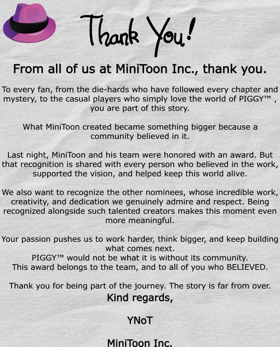 Piggy_News's tweet photo. 🏆 ROBLOX INNOVATION AWARDS🏆
The development team at MiniToon Inc. released a statement saying how they are grateful for Piggy: Intercity winning the Best RPG award at the Roblox Innovation Awards yesterday. https://t.co/2fqomVCzbw