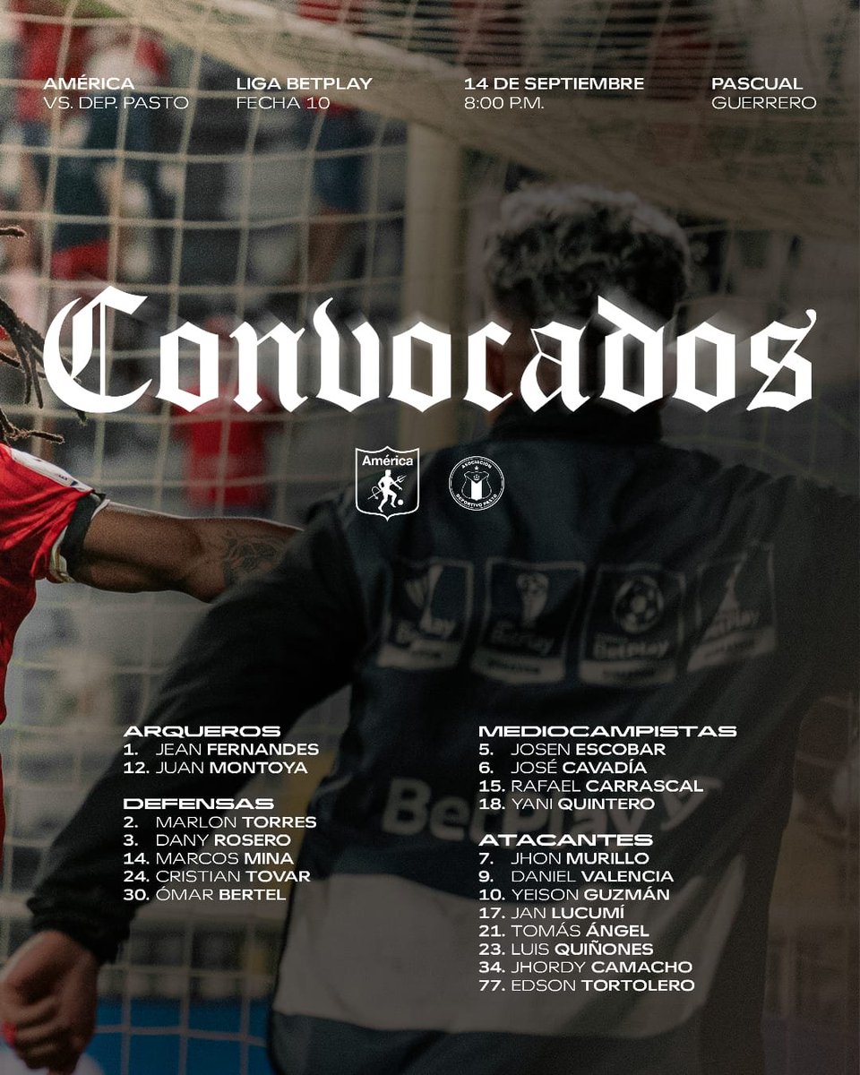 Americaenlared's tweet photo. 👹📋 ¡Convocados de @AmericadeCali para enfrentar al Pasto en el Pascual! 🏟️

✅ Yani Quintero https://t.co/jYu1v1osJp