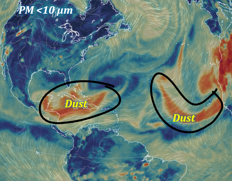 ChrisMartzWX's tweet photo. Uh, yes, it's just a coincidence.

USAID getting defunded has nothing whatsoever to do with the absence of hurricanes in the Atlantic so far this year. 

The reason tropical cyclone activity is suppressed has to do with (a) high levels of deep-layer vertical wind shear (i.e., change in wind speed and/or direction with increasing altitude) in the 250–850 mb (~5–34K feet) layer and (b) multiple plumes of Saharan dust moving across the Atlantic.

Shear suppresses tropical cyclone intensification because it tilts the storm's vortex, knocking its low-level center out of alignment with its mid- and upper-level convection. Shear also imports low-entropy (cooler / drier) air into the warm core, which dries the eyewall out, and causes the heat engine that keeps the storm organized to break down. 

Saharan dust entrains into the eyewall, resulting in evaporation as relative humidity drops below 100%. Evaporation causes evaporative cooling, which forms downdrafts (sinking air) that suppress convection that drives the latent heat release that powers the storm.