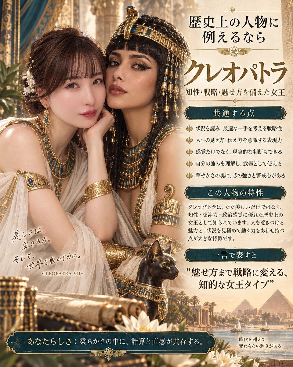 hanairo879's tweet photo. 歴史上の人物でも面白いよ🐫👸🏻

「私を歴史上の人物に例えると誰かな？その人物のイラストはできるだけリアルに描写してください。人物の横に私の顔が寄り添うように描いてください。私もその人物とリンクするような服装にしてください
また、人物との類似点や特性の説明も併せて記載してください」 https://t.co/f4nCHR17pF