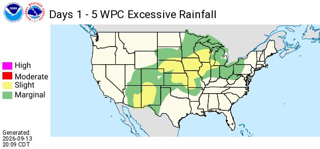 WPC 1–5 day excessive rainfall outlook for the contiguous U.S., showing slight risk (yellow) and marginal risk (green) centered across the central Plains into the Midwest and Great Lakes, with smaller pockets in the southern Rockies and northern Plains; no moderate or high risk shown.