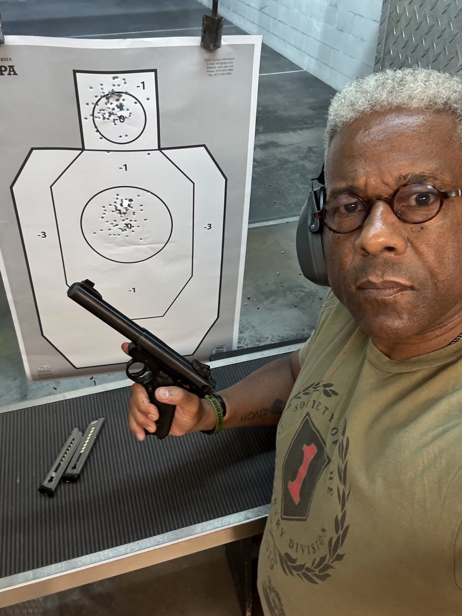 AllenWest's tweet photo. Good Sunday afternoon y’all! Yep, just like Barack Obama said, I am clinging to my guns and God (religion). 

Special thanks to my dear friend and Black Robe Regiment descendant, Pastor John Check, who bequeathed to me a Ruger Mark IV Target .22cal LR pistol. 

I got back from Eastern North Carolina this morning and put 180 rounds downrange at 7yds. 

It was an honor spending the 25th anniversary of 9/11 in Rocky Mount, Nashville, and Washington, NC, since that’s where I was stationed 25 years ago. 

We must be resolute, vigilant, and truly determined to Never Forget! Steadfast and Loyal.