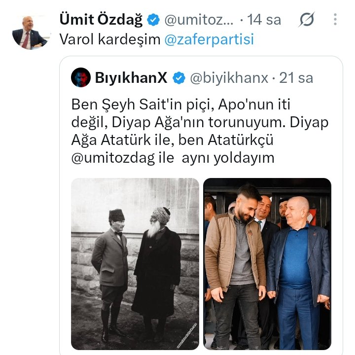biyikhanx's tweet photo. @umitozdag bana ‘kardeşim’ diyor, çünkü bu vatanın öz evladı olduğumu biliyor!  

Özdağ’a ‘ırkçı’ çamuru atan etnik tüccarları iyi dinleyin: Kürt kökenli vatandaşına bu ülkenin asli unsuru olarak bakan adam mı ırkçı; yoksa ‘Kürt’sen Türk olamazsın’ deyip milleti parçalayan siz fitne yuvaları mı?

Atatürk’ün ‘Ne mutlu Türk’üm diyene’ sözündeki o birleştirici ruhu yıkmaya gücünüz yetmeyecek.
