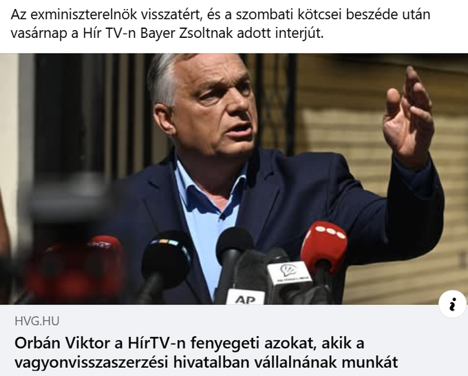 irishman787878's tweet photo. Orbán visszatért Bayerhez, és sikerült egyetlen műsorban sértett vesztesnek, üldözött szabadságharcosnak, gazdasági szakértőnek, papnak és csodadoktornak képzelnie magát.

Röviden a műsor:

Magyarországot "visszagyarmatosítják". Vagyis választást nyerni csak Orbánnak szabad, minden más külföldi összeesküvés.

A gazdaság azért szenved, mert "ellene szavazott". Nem azért, mert 16 évig ő kormányzott, szétverte a költségvetést és átadott egy vergődő gazdaságot. A GDP is bosszúálló tiszás lett.

Az államadósság szerinte az új kormány miatt ugrott meg. Pár hónap alatt természetesen. Az előző 16 év pénzügyi romhalmazát feltehetően a németek csempészték ide éjjel.

Az EU-pénzek 80 százaléka állítólag visszamegy külföldre. Forrás nincs, szám van. Ez az orbáni közgazdaságtan: ami jól hangzik Bayer stúdiójában, az már statisztika.

Az euró csak "fedősztori" a megszorításokra. Az a forint viszont, amelyet 16 év alatt sikerült 265-ről négyszáz környékére verni, nyilván a nemzeti szuverenitás ékköve.

Magyarország korábban szerinte "semleges" volt Oroszországgal szemben. EU- és NATO-tagként, Putyin kezéből vásárolt energiával, orosz hitelből épített Pakssal. Egészen sajátos semlegesség, Moszkva felé térdelve.

A korrupciós ügyekben, amelyeket ő ismer, "minden rendben volt". Elhiszem. Pont ez a probléma.

Vitézy "a németek embere", Brüsszelből pedig németül diktálnak. A bizonyíték feltehetően ugyanabban a fiókban van, mint Soros terve és a migránsszámláló.

A műsor legalja mégis az NVVH ügye volt.

Orbán "ÁVH-nak" nevez egy törvénnyel létrehozott vagyonvisszaszerzési hivatalt, majd megígéri, hogy minden ott dolgozót nyomon követnek, név szerint nyilvánosságra hoznak és később felelősségre vonnak.

Nem azt mondta, hogy aki törvényt sért, azt független bíróság elé állítják. Azt mondta, hogy aki ott "munkát vállal", azt számontartják.

Ez kollektív bűnösség, politikai feketelista és előre meghirdetett megtorlás. Éppen az, amivel állítólag harcolni akar.

Egy jogállamban a hivatal jogköreit lehet bírálni, a törvényt az Alkotmánybíróságon megtámadni, a jogsértő dolgozót pedig bizonyítékok alapján felelősségre vonni. Orbán ehelyett már a munkahely megválasztását bűnnek tekinti, és a bíróság előtt kihirdeti az ítéletet.

Aztán kijelentette, hogy a politikusokat "nem lehet" pénzügyi vagy büntetőjogi felelősségre vonni.

De. Lehet. Sőt, kell. 

A mentelmi jog nem büntetlenség, a politikusi tisztség pedig nem bűnbocsátó cédula. Legfeljebb Orbán 16 éves rendszerében szoktak hozzá, hogy a politikai felelősség azt jelenti: semmi nem történik.

A végén saját magát orvoshoz és paphoz hasonlította, akihez baj esetén visszatér a nép.

Egyelőre inkább egy leváltott maffiafőnök benyomását kelti, aki a tévében üzenget azoknak, akik meg akarják nézni, hová lett a pénz.

És közben ő beszél önkényről.

HVG: https://t.co/QkFvCBO0JH