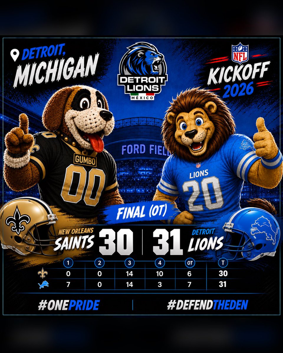 DetroitLionsMex's tweet photo. Victoria en casa muy sufrida en tiempo extra con una decisión polémica de los santos en la última jugada.
1-0 para arrancar temporada
Próximo jueves contra Bills

#defendtheden #detroitlions #nflmexico #onepride #detroitlionsmexico https://t.co/Yal8opCy1O