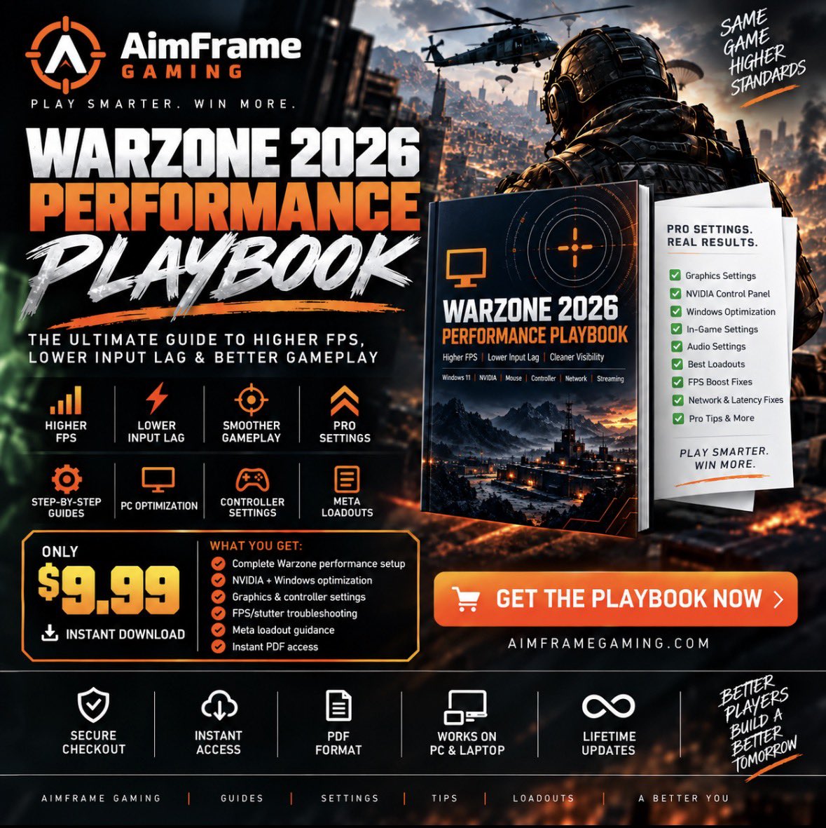 AimframeGaming's tweet photo. Still changing random Warzone settings hoping the game finally feels smooth?

The Warzone 2026 Performance Playbook puts the important fixes in one place:

✅ FPS + stutter fixes
✅ NVIDIA + Windows optimization
��� Graphics + controller settings
✅ Network + latency fixes
✅ Audio + streaming tweaks
✅ Meta loadout guidance

$9.99 — instant PDF access

Get it at https://t.co/PZQsEcEMZ6

#Warzone #CallOfDuty #WarzoneSettings #AimFrameGaming