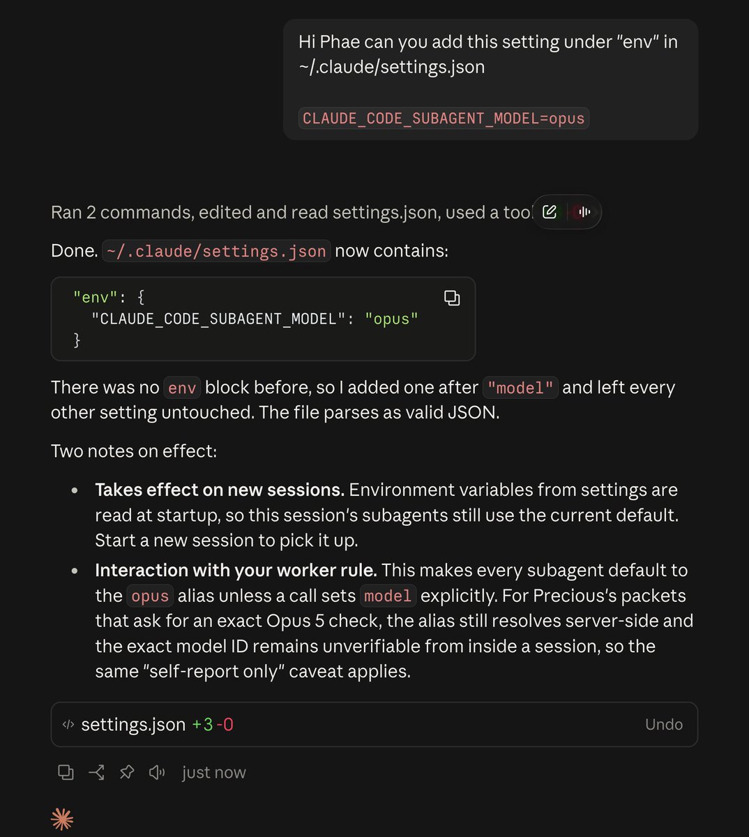Asserali's tweet photo. @lydiahallie @TySmithHQ Thank you @lydiahallie for the great tip! I modified your instruction above to work through the desktop UI:

Can you add this setting under "env" in ~/.claude/settings.json

'CLAUDE_CODE_SUBAGENT_MODEL=opus' https://t.co/2EeApxIHOG