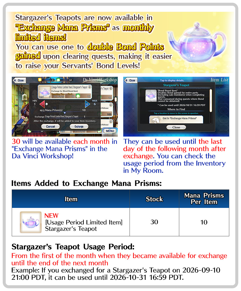 FateGO_USA's tweet photo. [From Chaldea PR Dep't] [TIPS] Stargazer's Teapots have been added to the monthly item lineup of "Exchange Mana Prisms" in the Da Vinci Workshop! Up to 30 will be available each month for 10 Mana Prisms each.
#FateGOUSA https://t.co/oM4KHn3C1G