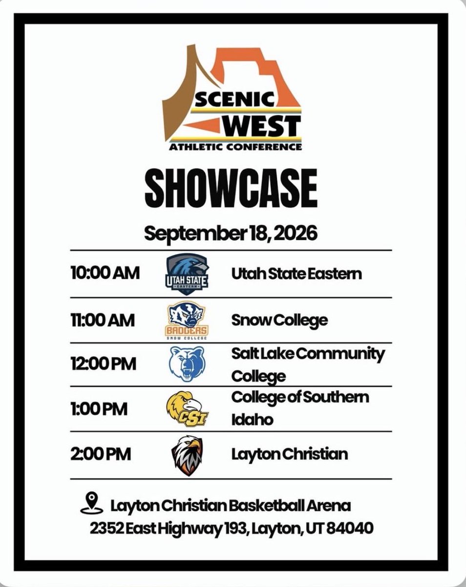 CoachBrockE_mbb's tweet photo. 🚨COLLEGE COACHES🚨
Excited to announce Layton Christian will be hosting the Scenic West Athletic Conference Practice Tour. 

Friday, September 18th starting at 10am. https://t.co/aoIGIOh5QD